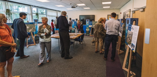 An image from the event held during the last public consultation. The map shows the site from above with a blue outline of the area Breedon owns.